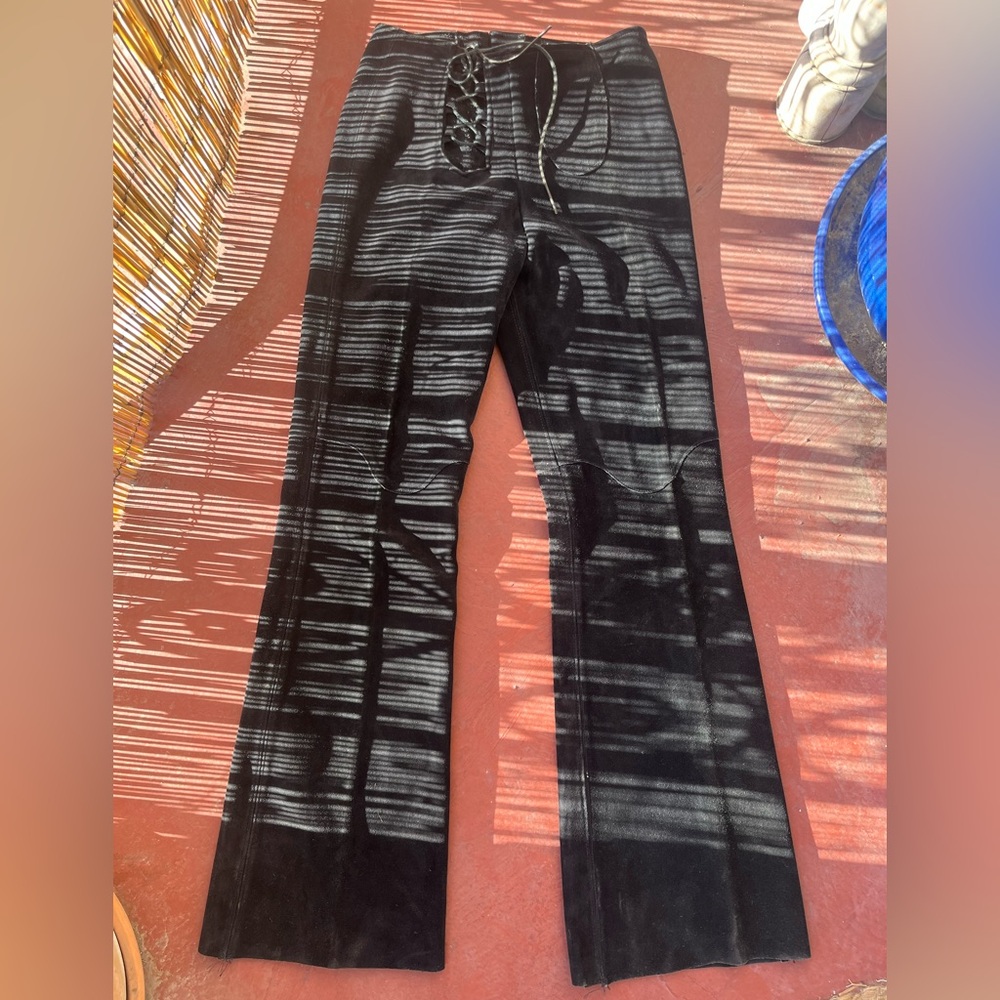 Black suede lace up biker hippie flared pants vintage 60s 70s boho motorcycle